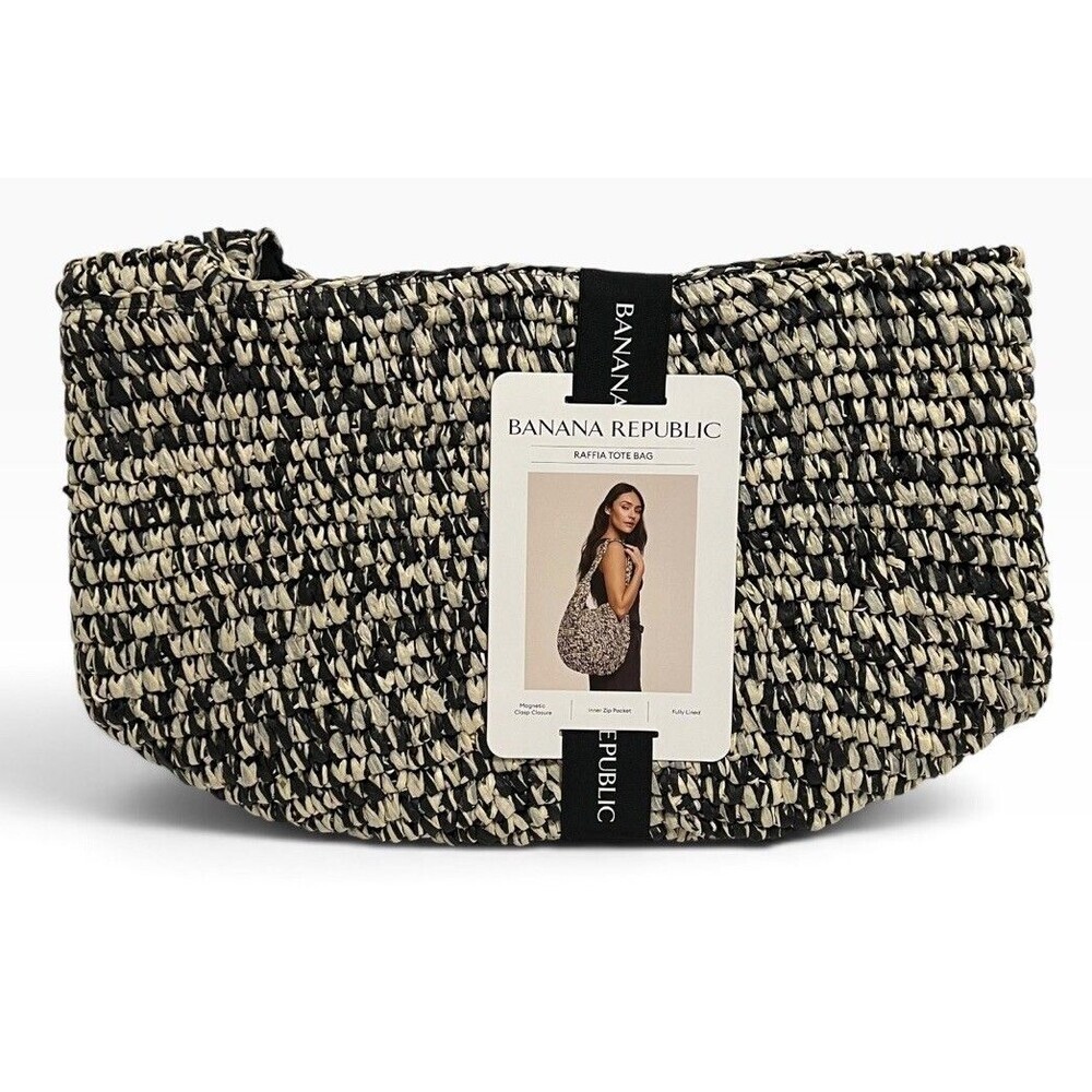 Banana Republic Women's Black Marled Raffia Tote Bag Woven Shoulder Bag OS NWT